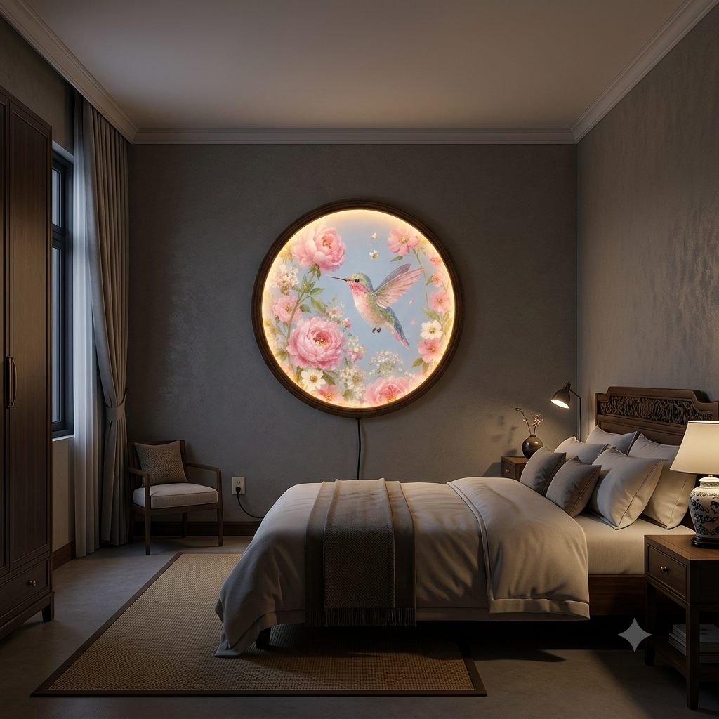 Floral Hummingbird LED Wall Art – Round Lighted Botanical Home Decor