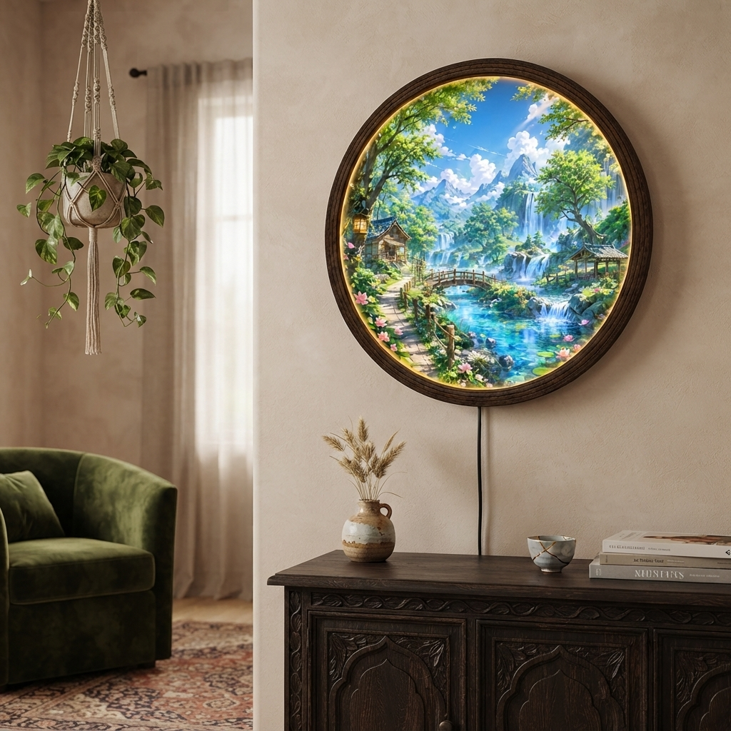Waterfall Mountain Landscape LED Wall Art – Round Illuminated Nature Wall Decor