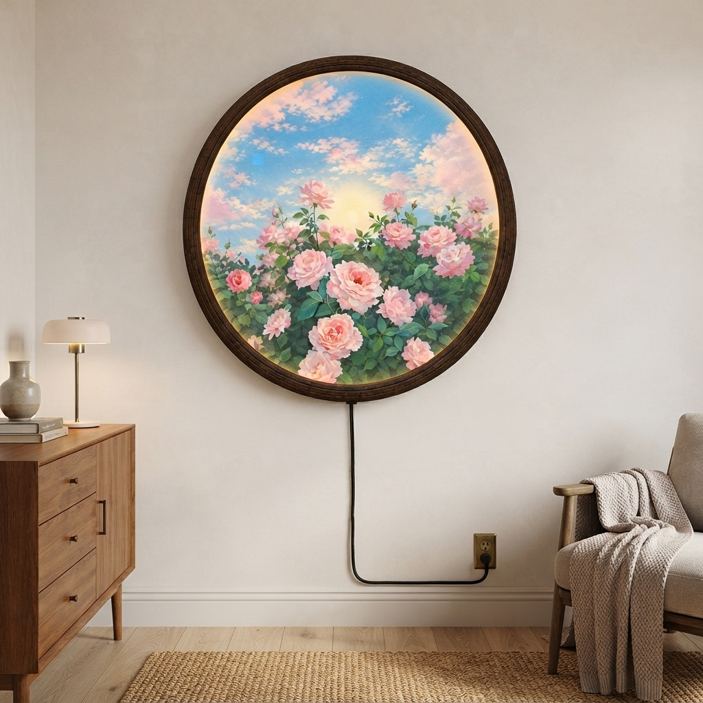Pink Rose Garden LED Wall Art – Round Illuminated Floral Wall Decor