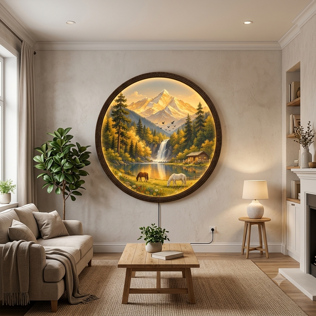Golden Mountain Lake LED Wall Art – Rustic Cabin Landscape Round Wall Decor