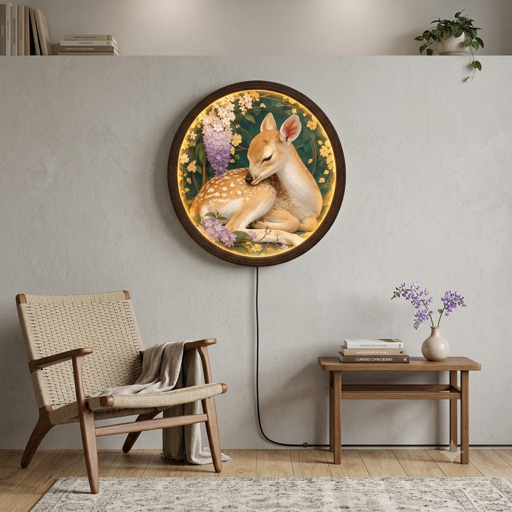 Floral Deer LED Wall Art – Round Illuminated Nature Wall Decor