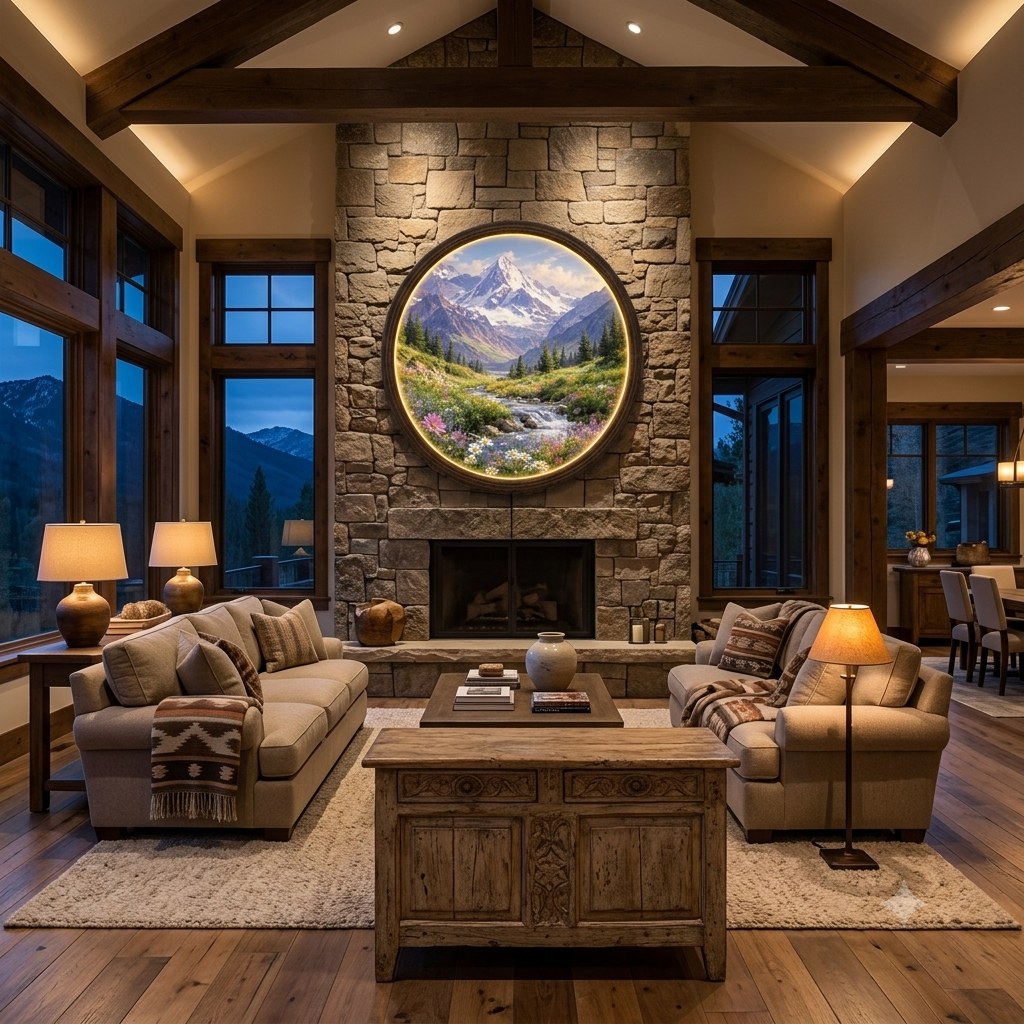 Illuminated Mountain Landscape LED Wall Art – Round Wooden Frame