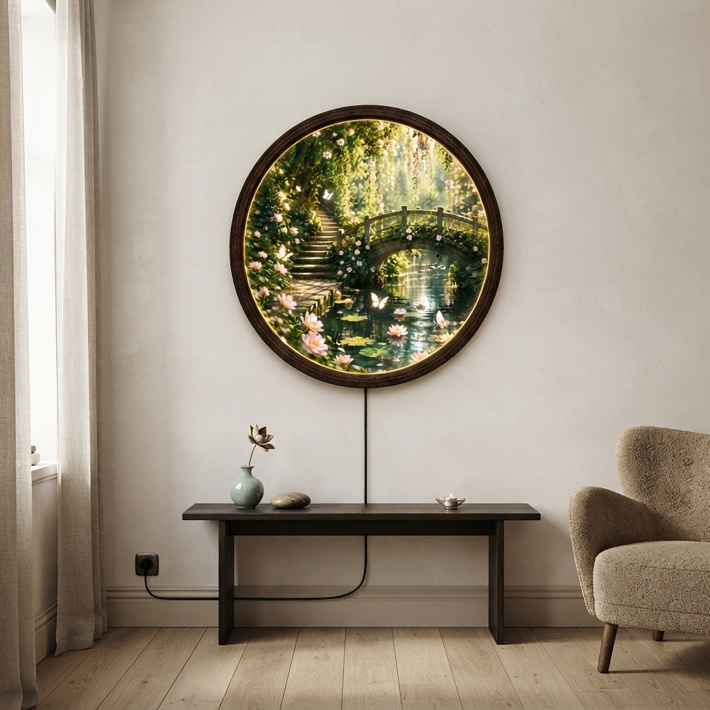 Illuminated Garden Bridge Round Wall Art – LED Lighted Nature Wall Decor