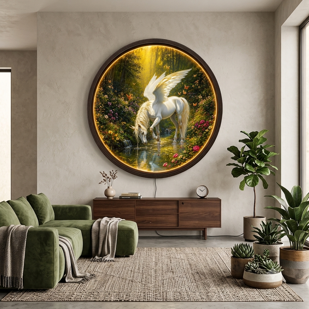 Illuminated Majestic Pegasus Round LED Canvas Wall Art – Enchanted Forest Light Up Picture