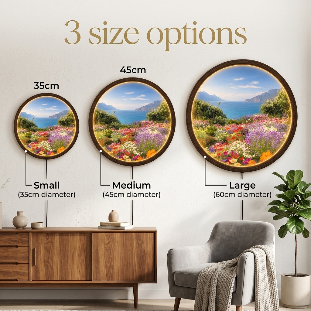 Coastal Wildflower Garden LED Wall Art – Round Illuminated Landscape Wall Decor