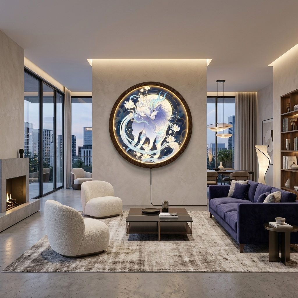 Celestial Qilin LED Light Up Wall Art - Illuminated Round Mythological Creature Decor with Acrylic Face & Wooden Frame