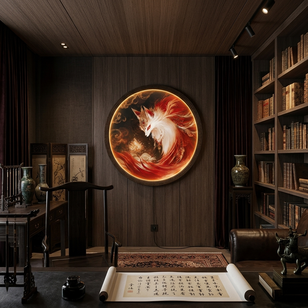Glowing Kitsune LED Wall Art, Japanese Fantasy Round Lighted Wall Decor, Wooden Frame Illuminated Picture for Home Decor