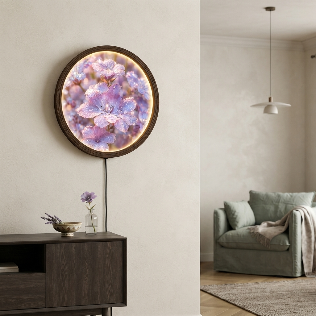 Lavender Dew Floral LED Wall Art – Round Illuminated Flower Wall Decor