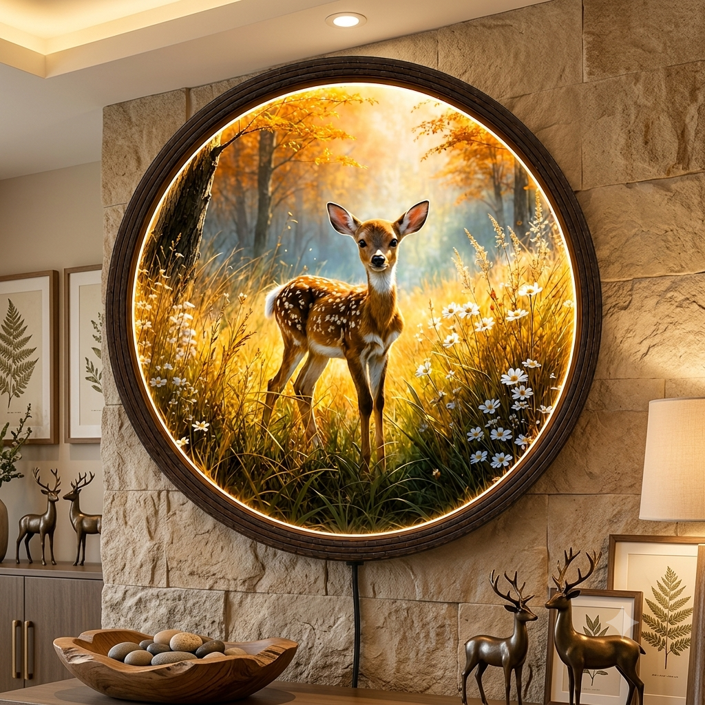 Golden Autumn Deer LED Wall Light | Round Nature Wooden Frame Wall Decor