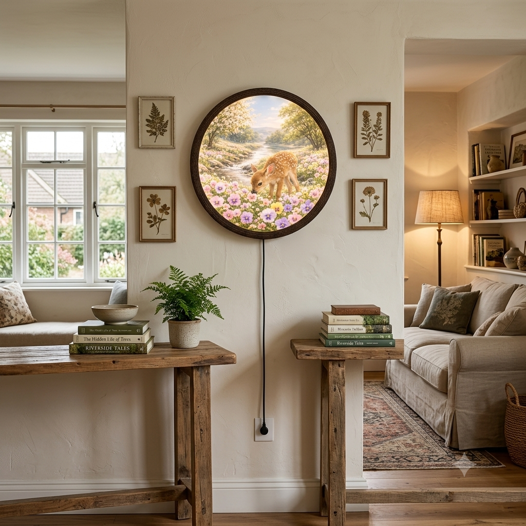 Enchanted Deer & Wildflower LED Wall Art – Round Nature-Inspired Home Decor