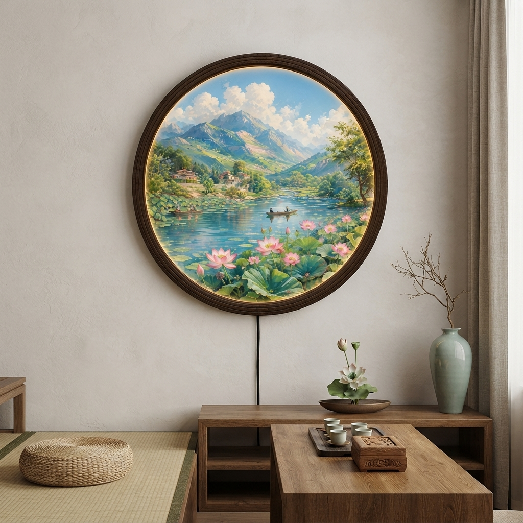 Round LED Wall Art with Mountain & Lotus Landscape – Illuminated Home Decor