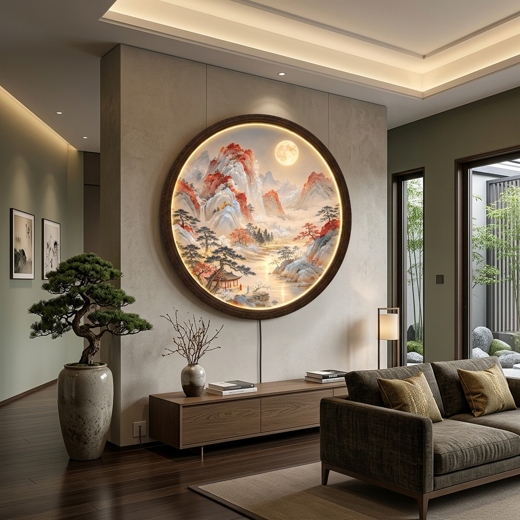 Round LED Mountain Landscape Wall Lamp, Japanese Moonlight Scenery Light, Oriental Wooden Frame Wall Art, Asian Inspired Home Decor