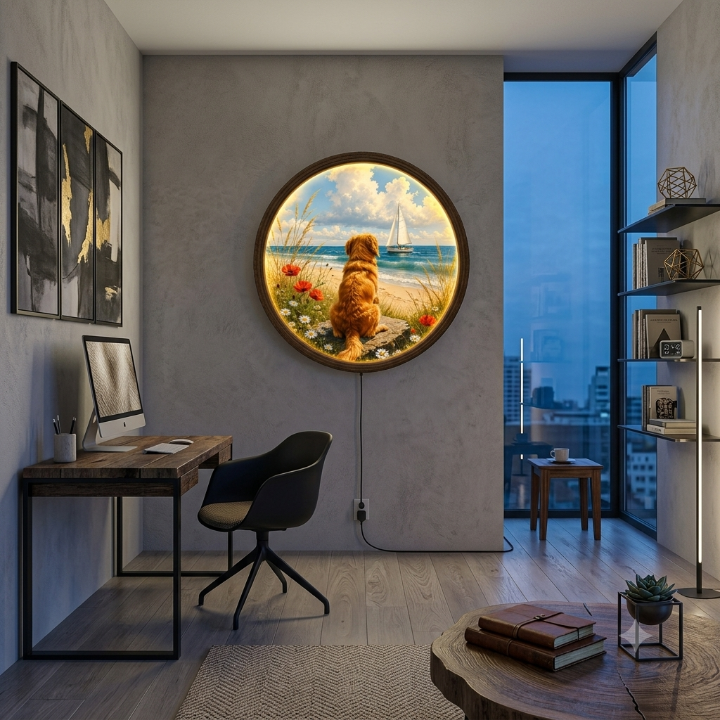 Golden Retriever Beach & Sailboat LED Wall Art – Round Illuminated Coastal Home Decor