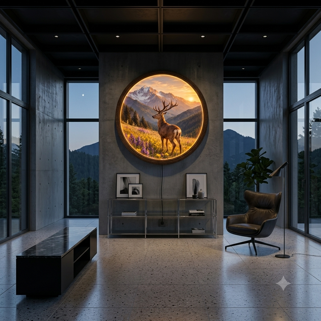 Rustic Deer Mountain LED Wall Art – Round Illuminated Wildlife Wall Decor