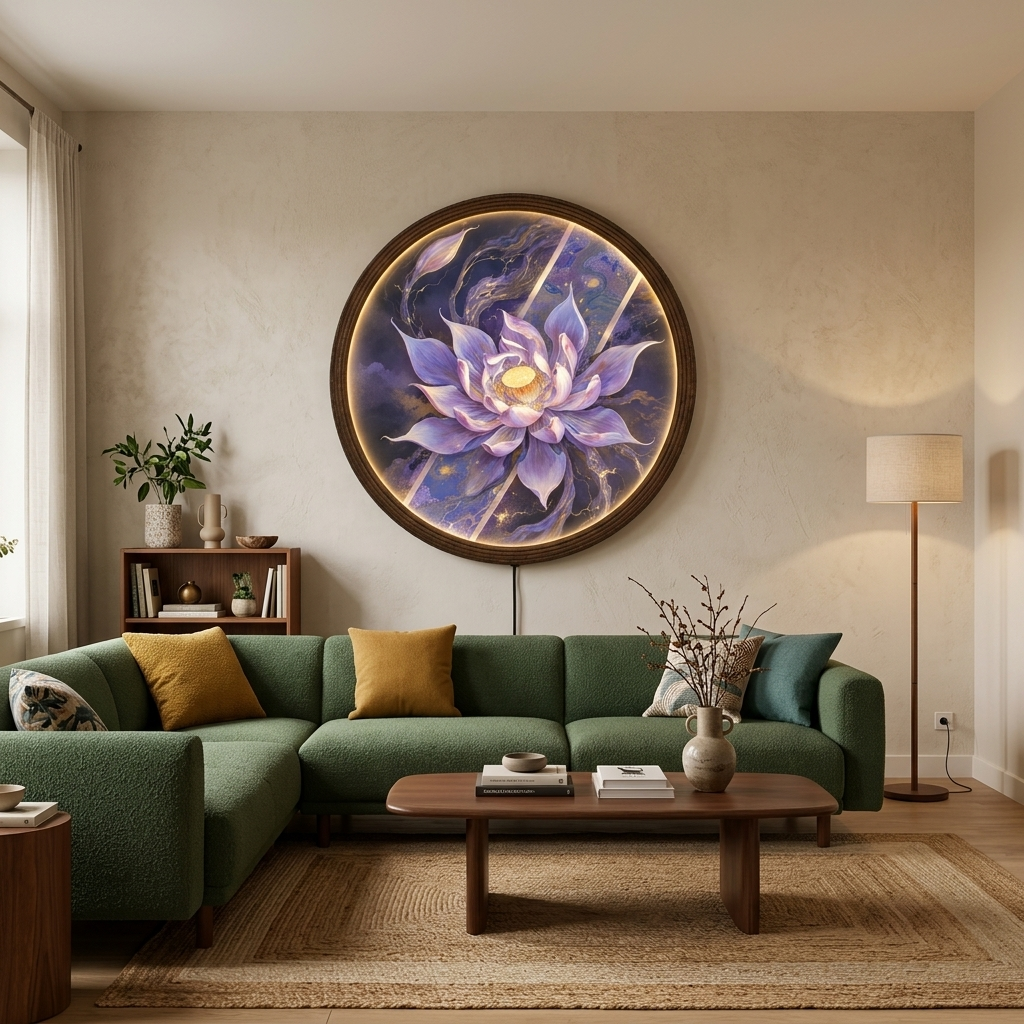 Purple Lotus LED Wall Art - Illuminated Round Floral Light Painting for Living Room & Sacred Space