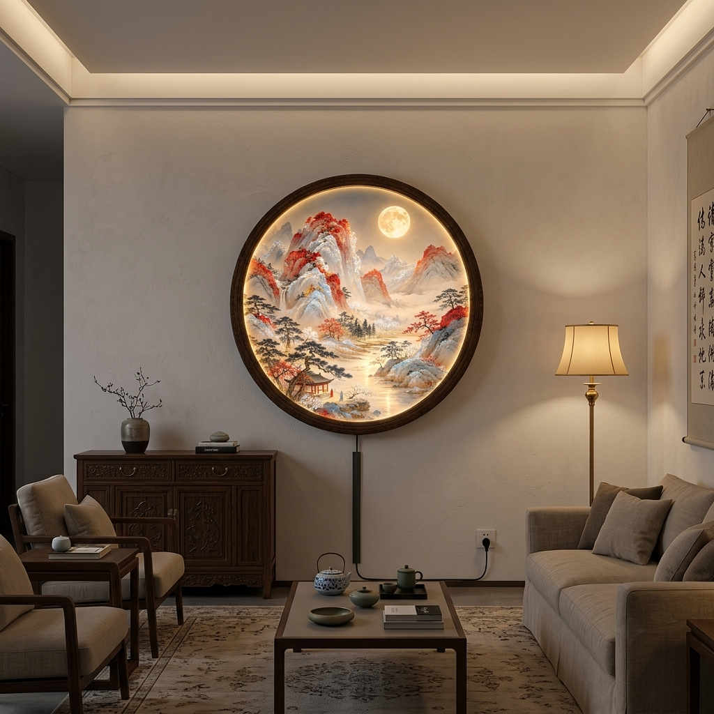 Round LED Mountain Landscape Wall Lamp, Japanese Moonlight Scenery Light, Oriental Wooden Frame Wall Art, Asian Inspired Home Decor