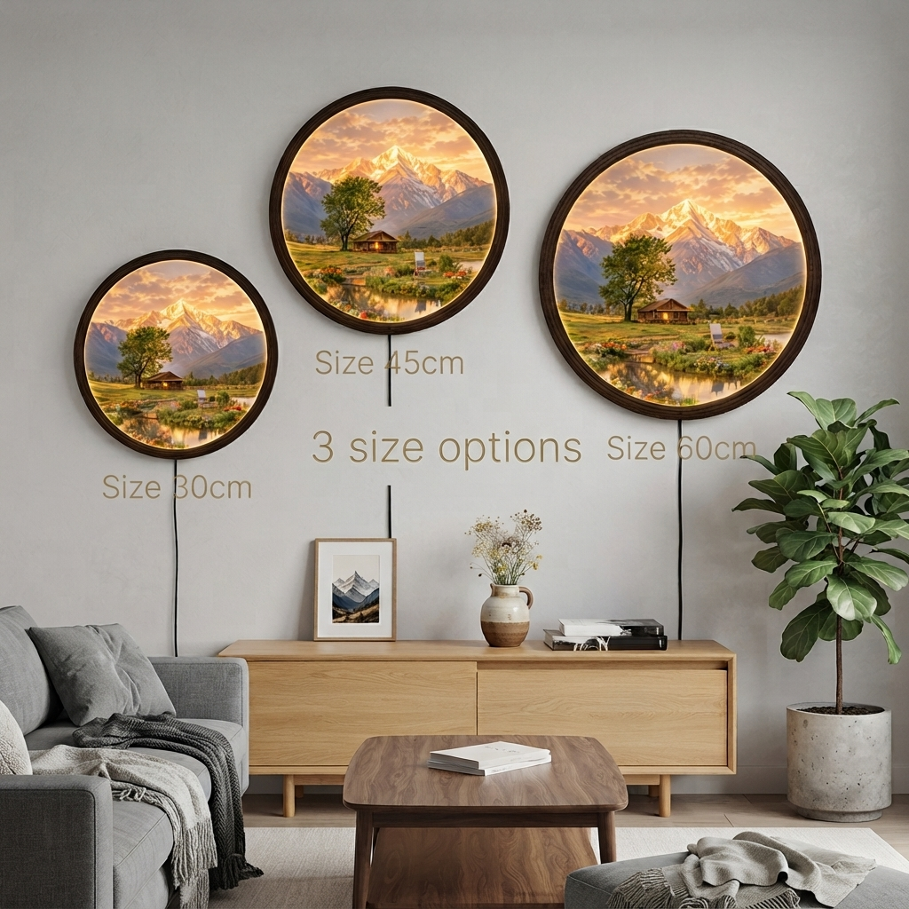 Round Mountain Landscape LED Wall Art – Illuminated Scenic Home Decor