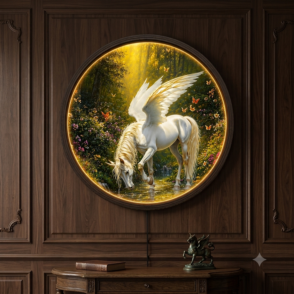 Illuminated Majestic Pegasus Round LED Canvas Wall Art – Enchanted Forest Light Up Picture