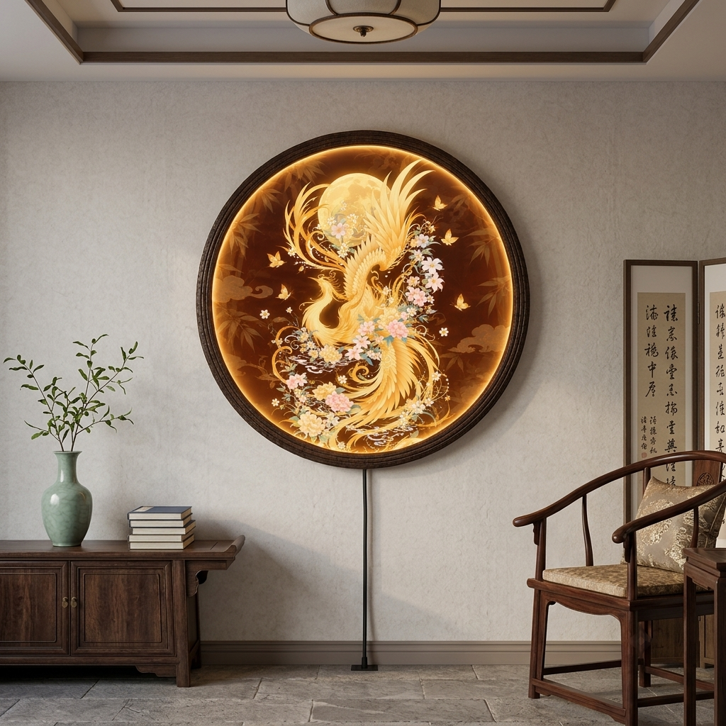 Golden Phoenix Round LED Wall Art, Illuminated Wooden Frame Light for Luxury Home Decor