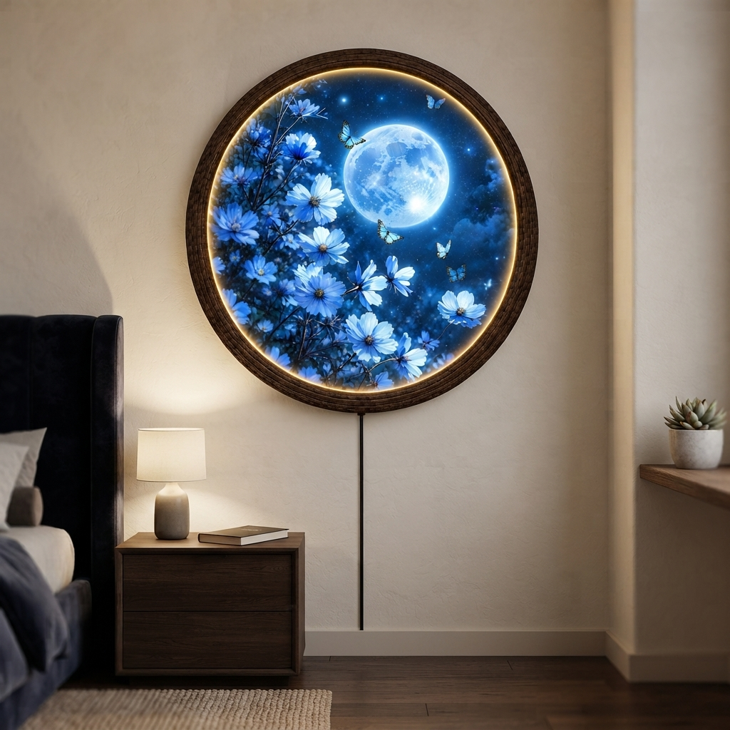 Moonlit Blue Butterfly Garden LED Wall Art – Round Illuminated Floral Wall Decor
