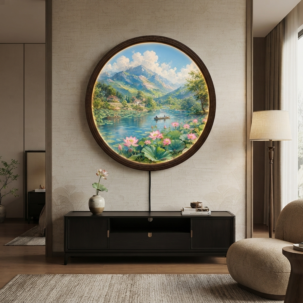 Round LED Wall Art with Mountain & Lotus Landscape – Illuminated Home Decor