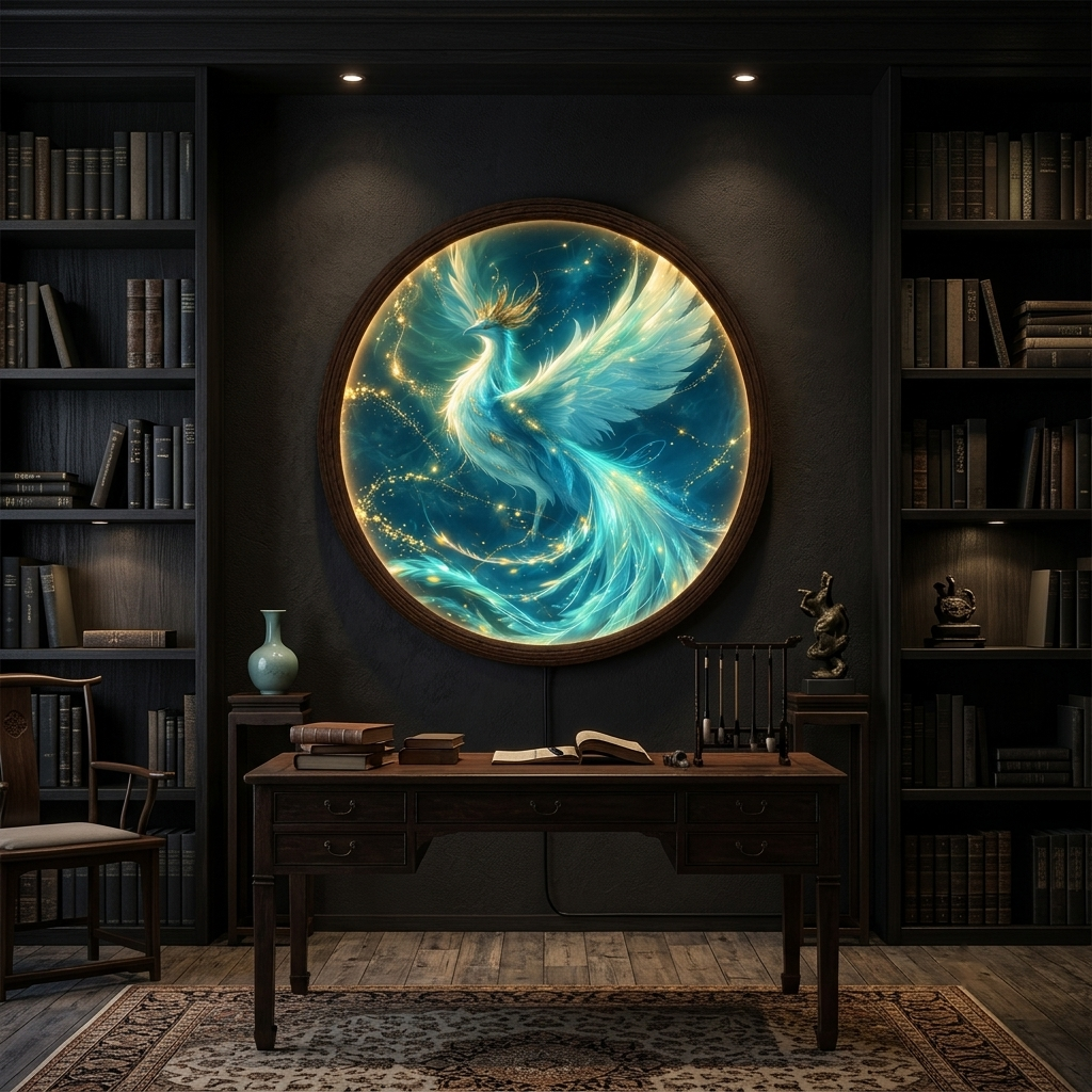 Glowing Phoenix LED Round Wall Art – Turquoise Fantasy Wall Light