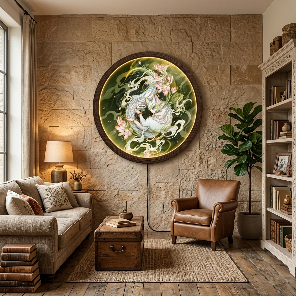 Illuminated Japanese Kitsune Nine-Tailed Fox & Lotus LED Round Wall Art | Mystical Light-Up Home Decor