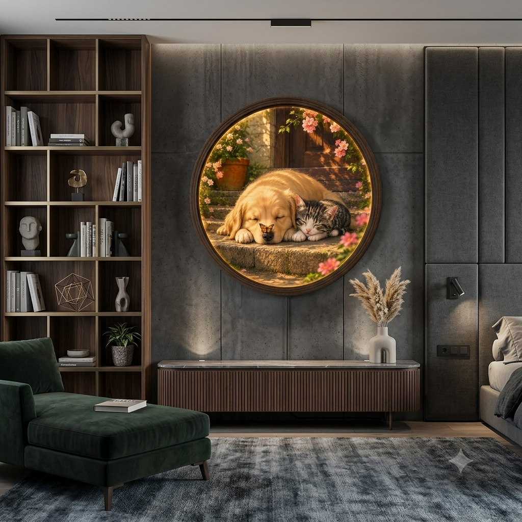Round LED Illuminated Wall Art - Sleeping Golden Retriever & Tabby Kitten with Butterfly