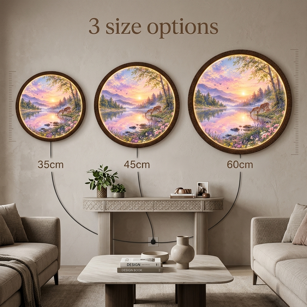 Illuminated Mountain Lake Wall Art – Rustic Nature LED Round Wall Decor