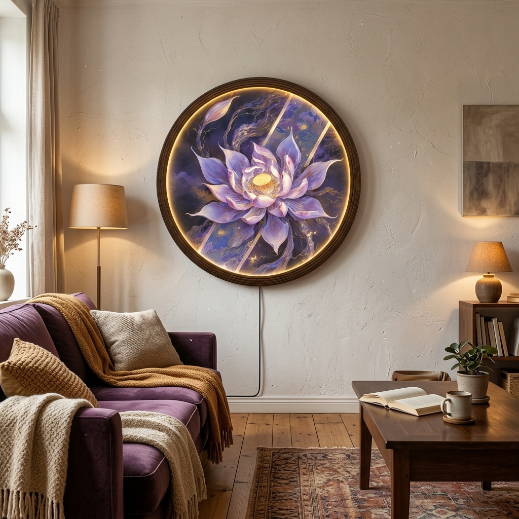 Purple Lotus LED Wall Art - Illuminated Round Floral Light Painting for Living Room & Sacred Space