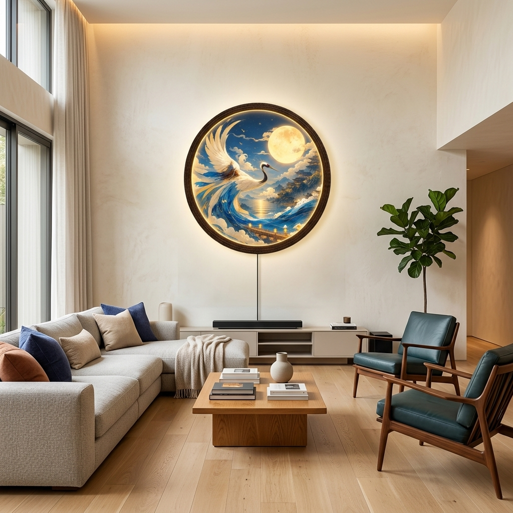 Japanese Crane Under Full Moon LED Wall Art – Illuminated Round Wooden Frame Light Box Decorative Sign