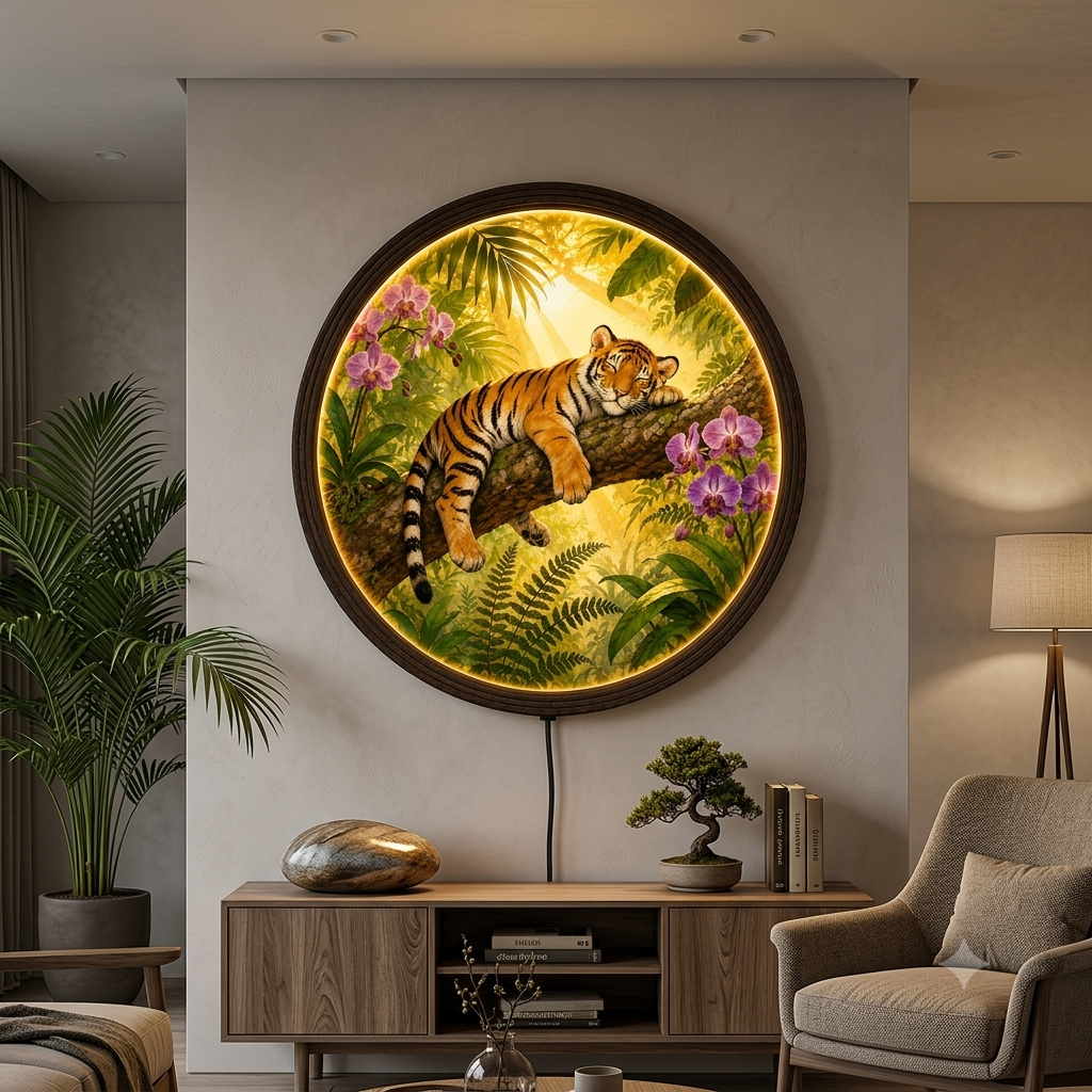 Sleeping Tiger Jungle Round LED Wall Light - Illuminated Tropical Botanical Wall Art for Living Room Decor