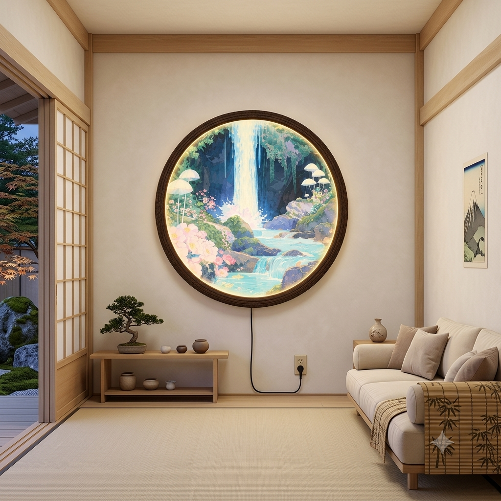 Illuminated Waterfall Wall Art – Round LED Nature Wall Decor