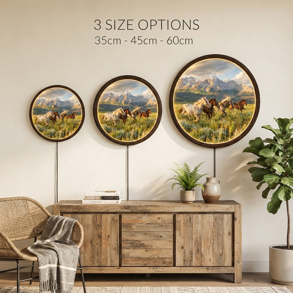 Horse Mountain Landscape LED Round Wall Art – Illuminated Rustic Wall Decor