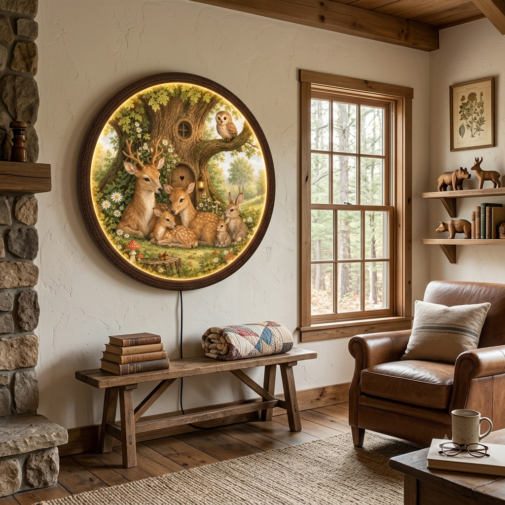 Enchanted Woodland Deer Family LED Wall Art – Round Illuminated Nature Decor