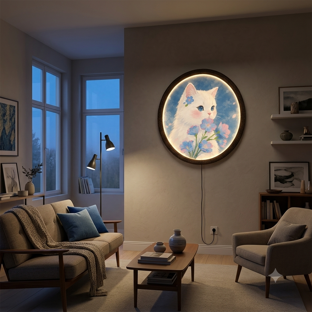 Whimsical White Cat & Blue Flowers LED Wall Art – Round Illuminated Wall Decor