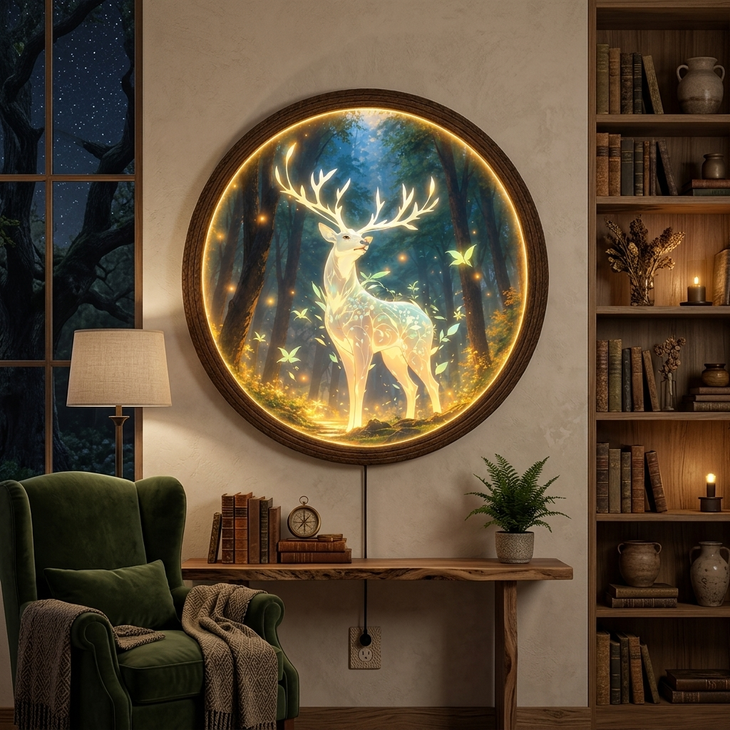 Glowing Deer LED Wall Art – Enchanted Forest Round Light Decor