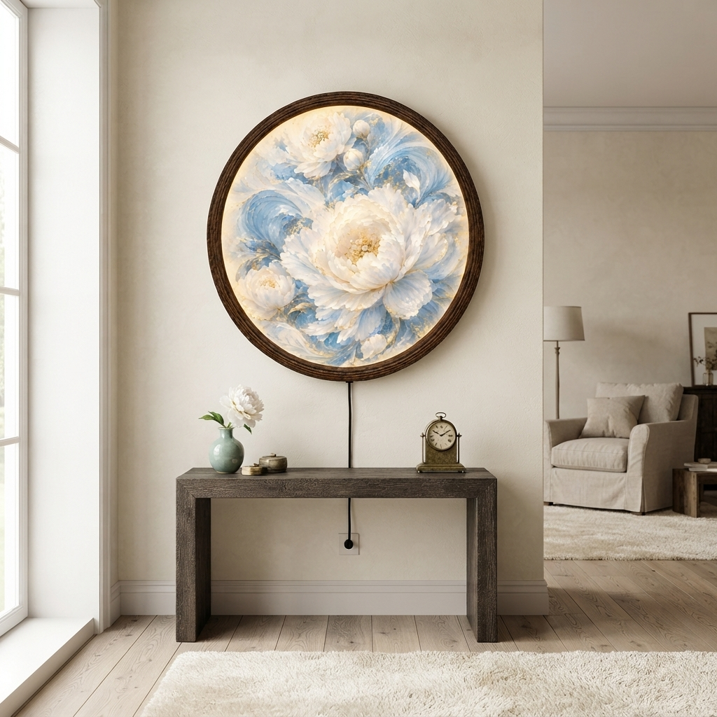 Illuminated Floral Wall Art – Blue & White Peony LED Round Wall Decor