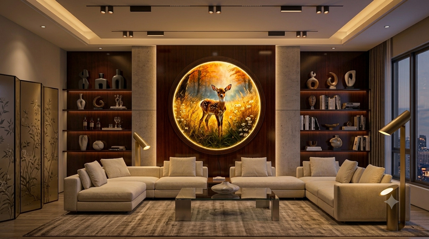 Golden Autumn Deer LED Wall Light | Round Nature Wooden Frame Wall Decor