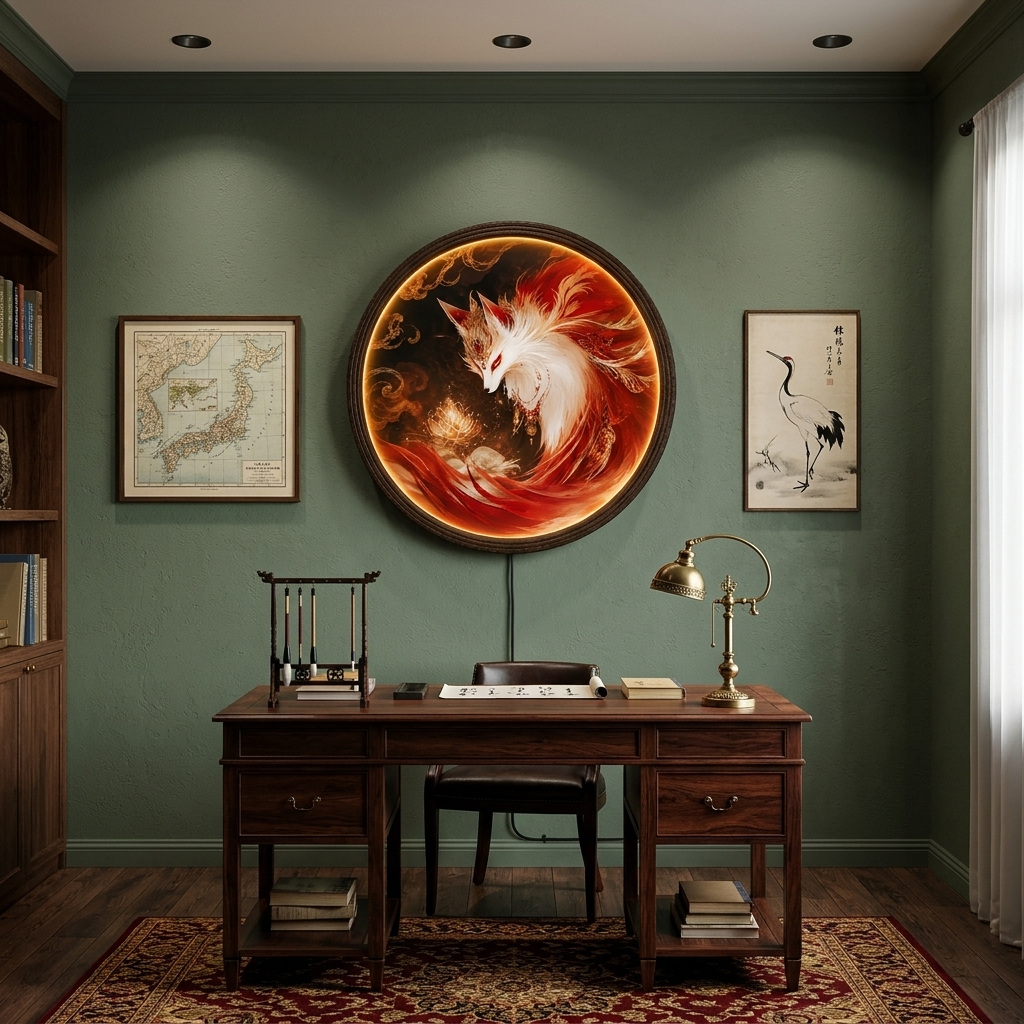 Glowing Kitsune LED Wall Art, Japanese Fantasy Round Lighted Wall Decor, Wooden Frame Illuminated Picture for Home Decor
