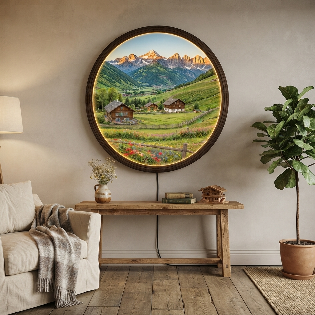 Mountain Village Landscape Round LED Wall Art – Rustic Alpine Home Decor