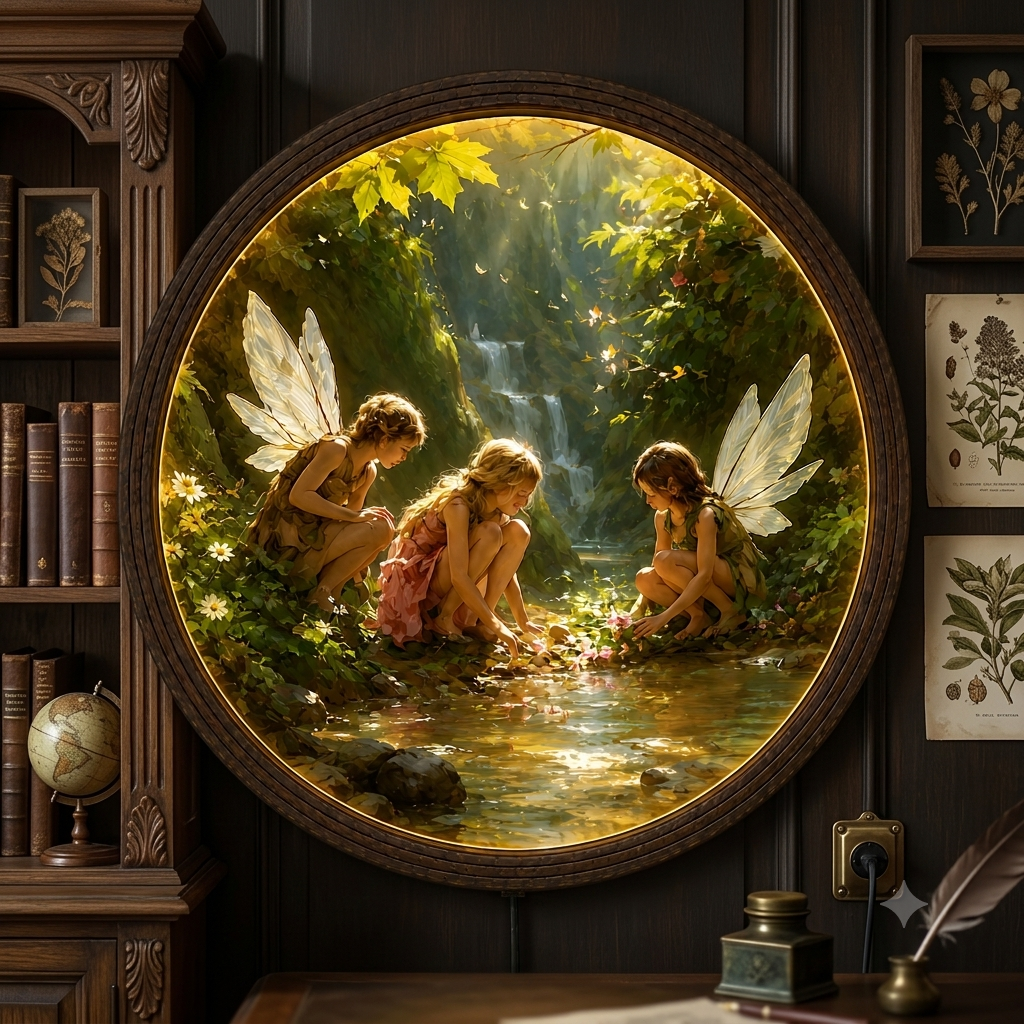 Enchanted Forest Fairies LED Wall Art – Round Illuminated Nature Landscape Canvas Frame