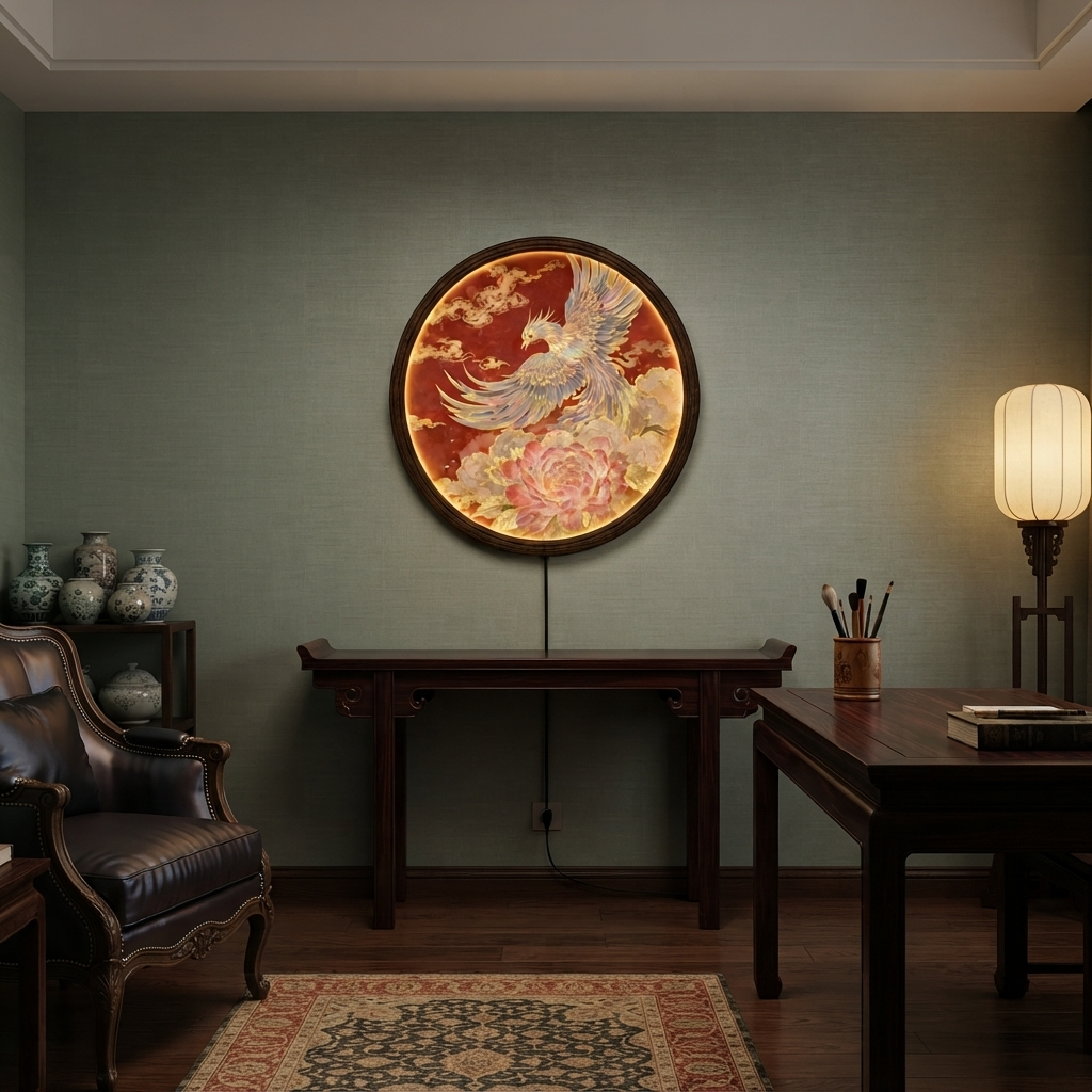 Round Phoenix LED Wall Lamp with Peony Floral Art, Oriental Luxury Illuminated Wall Decor