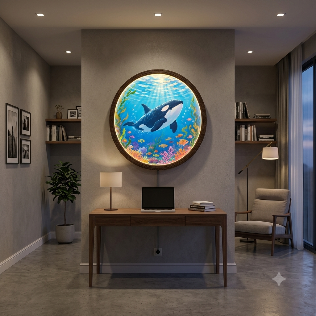 Orca Ocean LED Wall Art – Round Illuminated Coastal Wall Decor