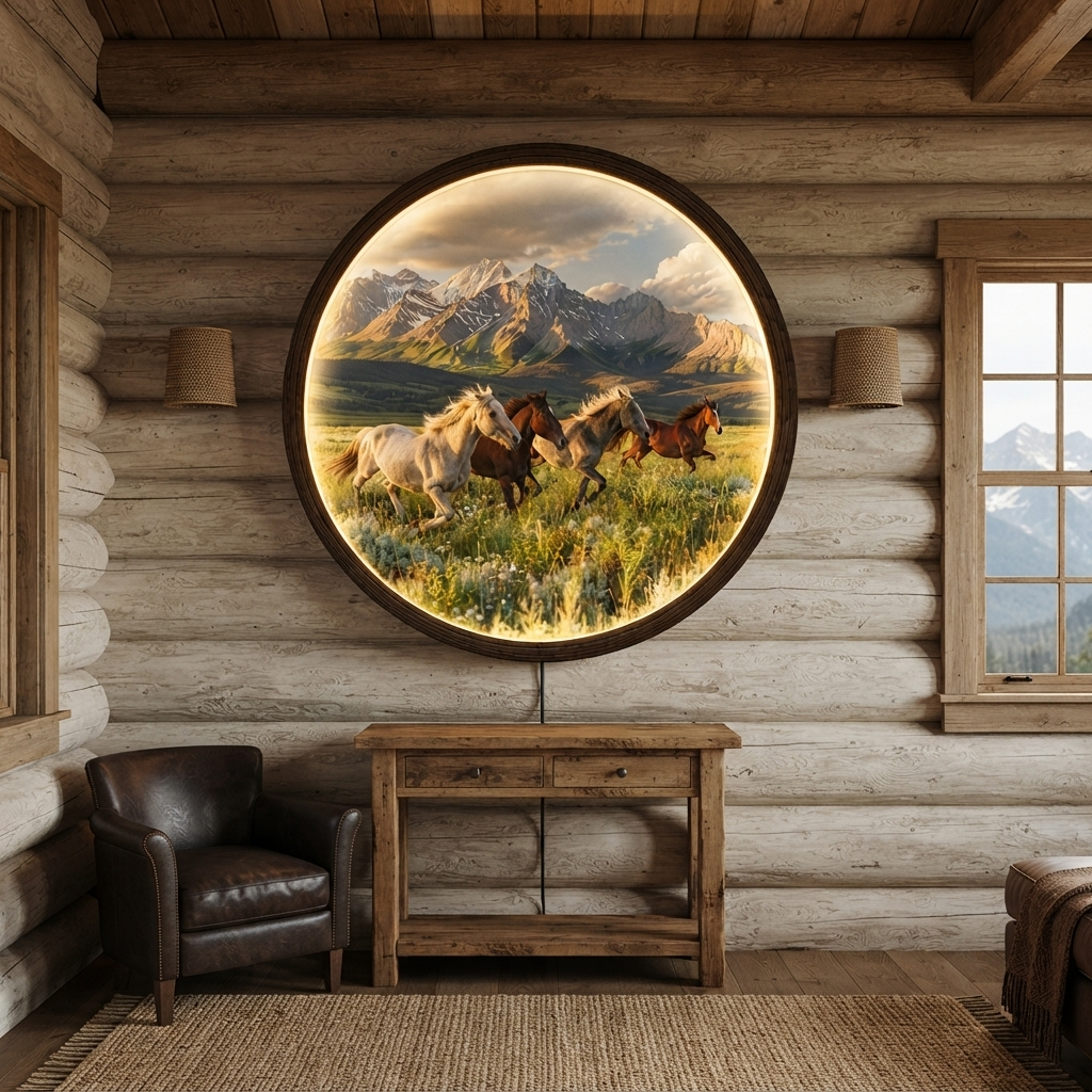 Horse Mountain Landscape LED Round Wall Art – Illuminated Rustic Wall Decor