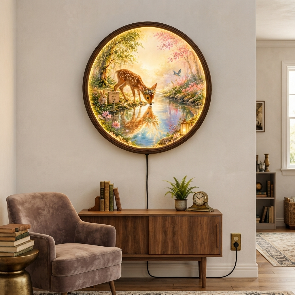 Deer by the Stream LED Wall Art – Round Illuminated Nature Wall Decor