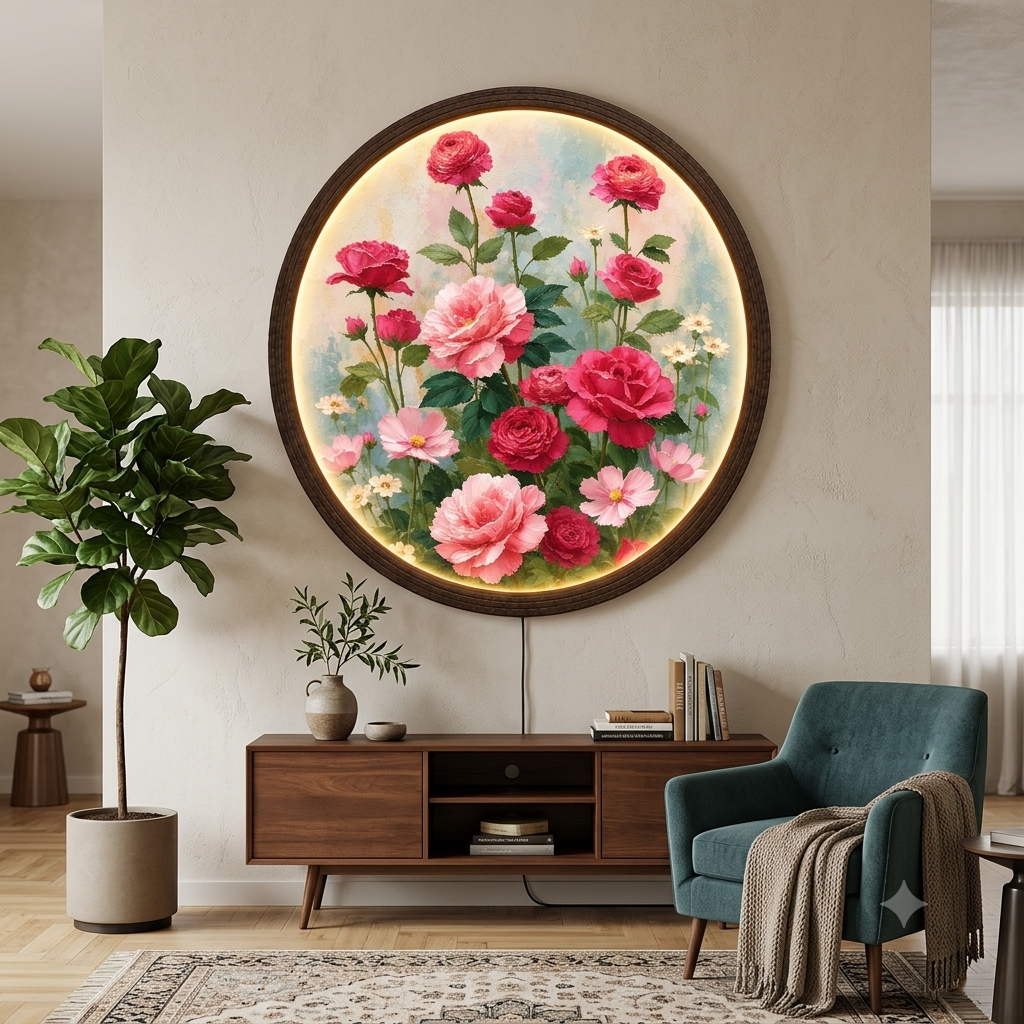 Floral Bloom Round LED Wall Art – Illuminated Botanical Home Decor