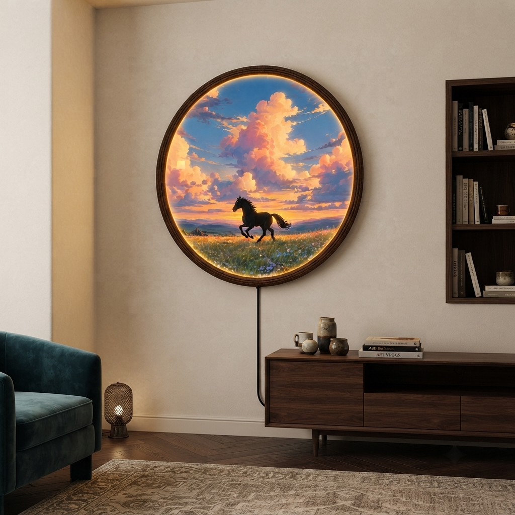 Backlit Horse Sunset Wall Art – Illuminated Round LED Wall Decor