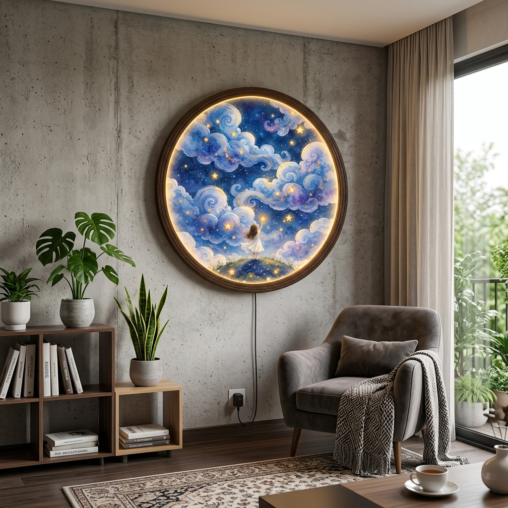 Glowing Starry Sky LED Wall Lamp, Round Celestial Wall Art with Wooden Frame, Dreamy Blue Cloud & Golden Star Home Decor