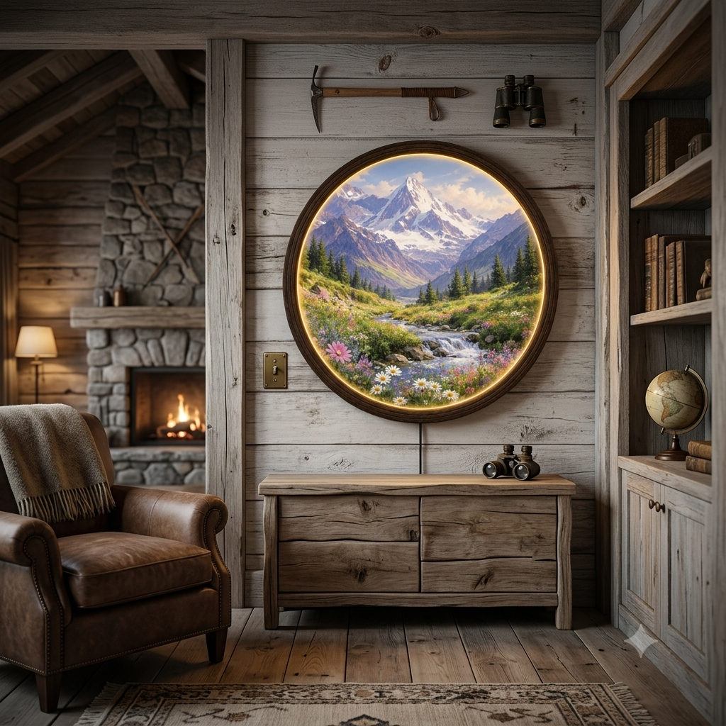 Illuminated Mountain Landscape LED Wall Art – Round Wooden Frame